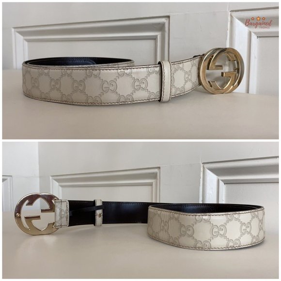 Authentic Gucci Cream Guccissima Leather Gold Interlocking G Buckle Belt 85/34 - Picture 10 of 13